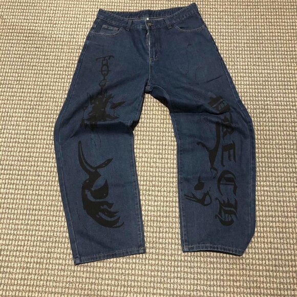 Sick Rare vintage 90s baggy Japanese denim jeans with unique painted design - Picture 1 of 8